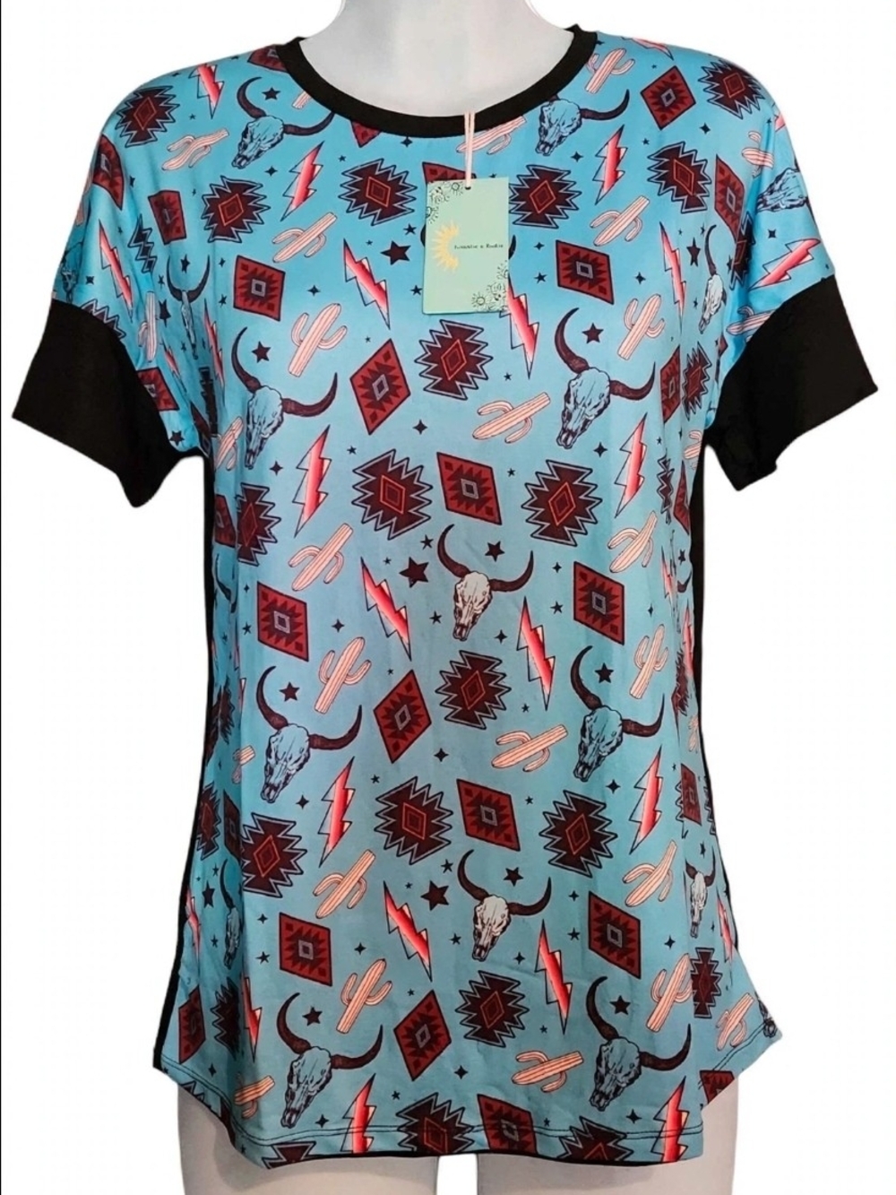 NWT Sunshine & Rodeo Turquoise Bull Skull Western T-Shirt - Aztec Cactus S
